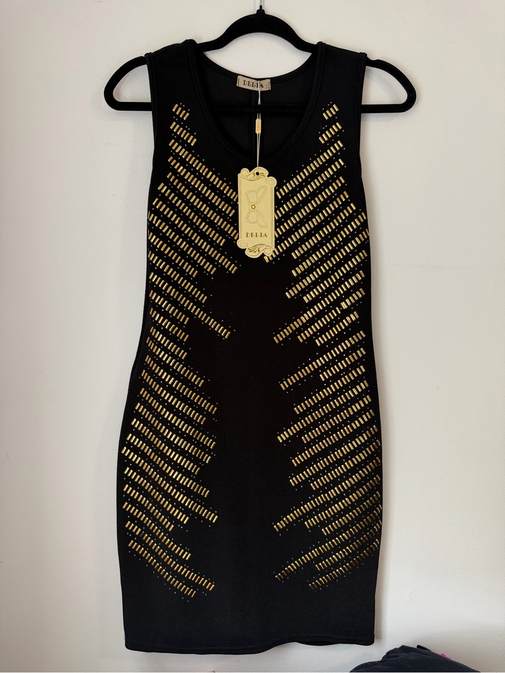Black Mini Dress with Gold Stud Pattern
